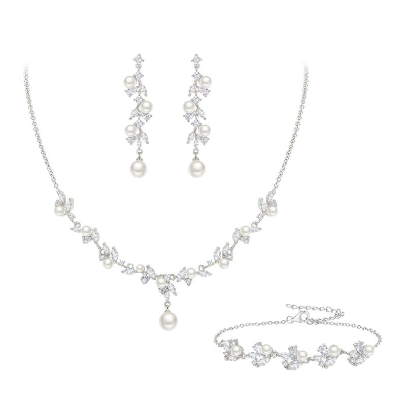 EleQueen Women's Simulated Pearl Wedding Jewelry Set, Cubic Zirconia Marquise Floral Bridal Necklace Earrings Bracelet Sets - Image 1