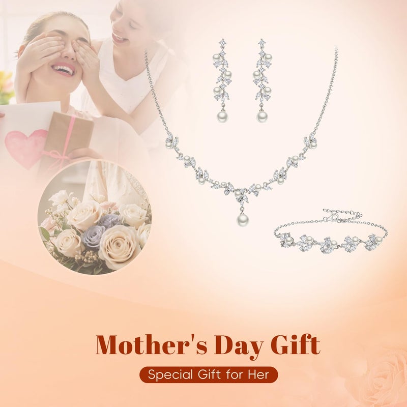 EleQueen Women's Simulated Pearl Wedding Jewelry Set, Cubic Zirconia Marquise Floral Bridal Necklace Earrings Bracelet Sets - Image 4