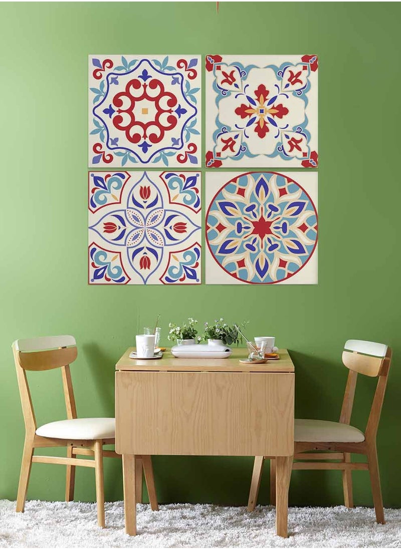 LOWHA Set Of 4 Framed Square Canvas Wall Arts Stretched Over Wooden Frame, Turkish Ceramic Tiles Painting, For Home, Living Room, Office Decor  - Image 1