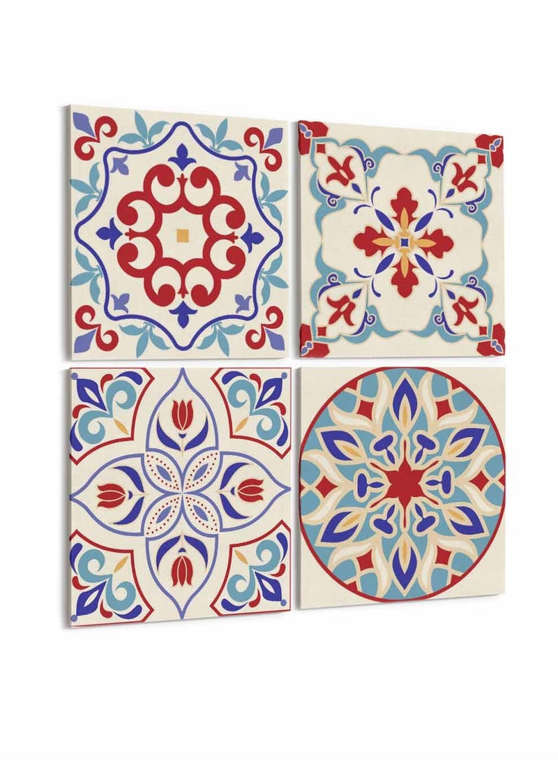 LOWHA Set Of 4 Framed Square Canvas Wall Arts Stretched Over Wooden Frame, Turkish Ceramic Tiles Painting, For Home, Living Room, Office Decor  - Image 4