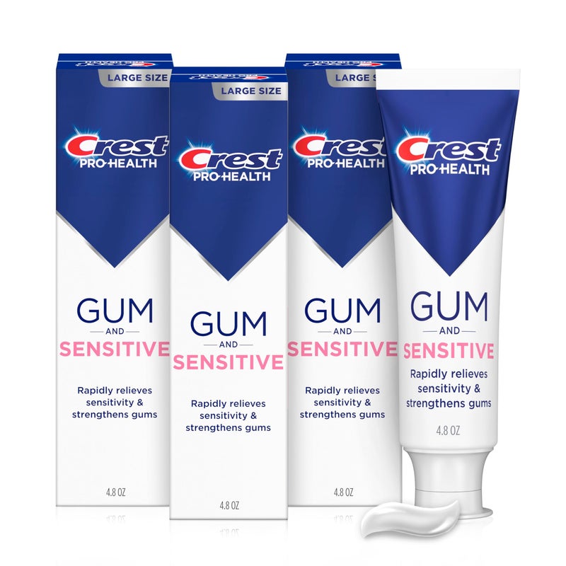 Crest Sensitive and Gum Toothpaste 4.8 oz (3 Pack), Relieves Sensitivity, Strengthens Gums, Anticavity, Clinically Proven, Antibacterial Toothpaste - Image 1