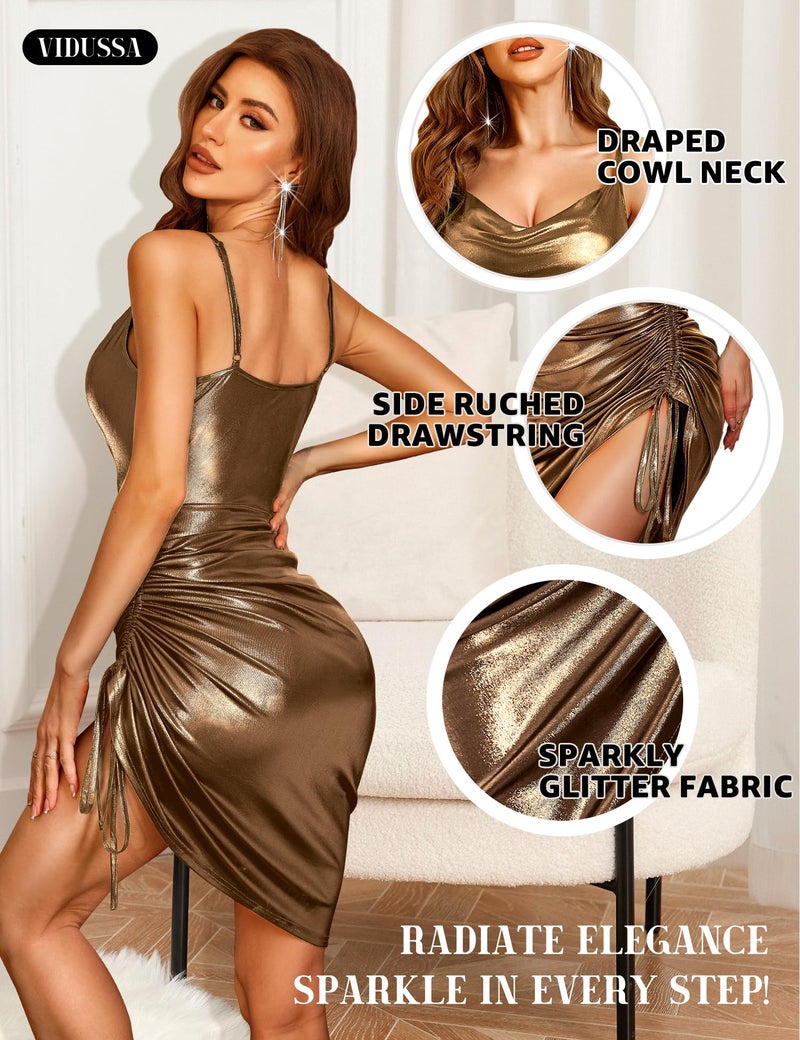 VIDUSSA Women's Sparkly Glitter Dress Cowl Neck Spaghetti Strap Ruched Bodycon Cocktail Party Night Club Midi Dresses Gold M - Image 4