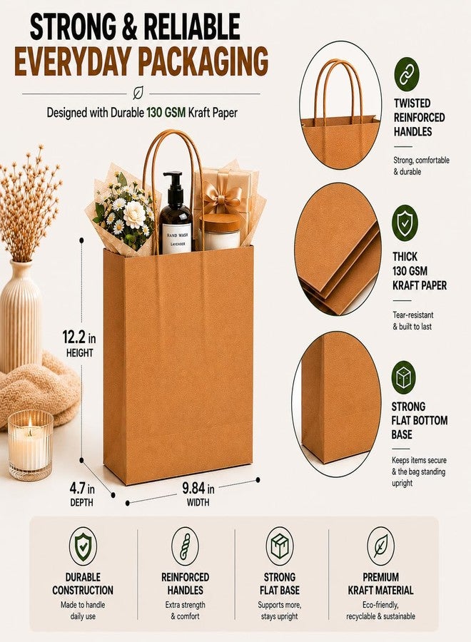 HURUC Large 130 GSM Brown Paper Bags with Handles 12.2x 9.84 x4.7 Inch, 50 PCS Kraft Gift Bags Bulk for Retail, Shopping, Birthday, Wedding, Easter, DIY & Merchandise - Image 3