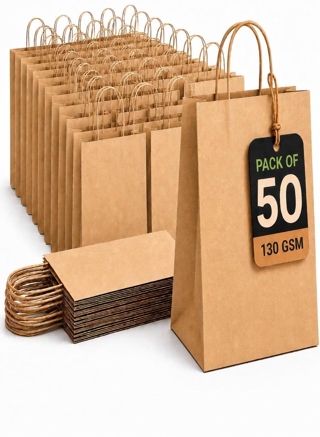 HURUC Large 130 GSM Brown Paper Bags with Handles 12.2x 9.84 x4.7 Inch, 50 PCS Kraft Gift Bags Bulk for Retail, Shopping, Birthday, Wedding, Easter, DIY & Merchandise - Image 1