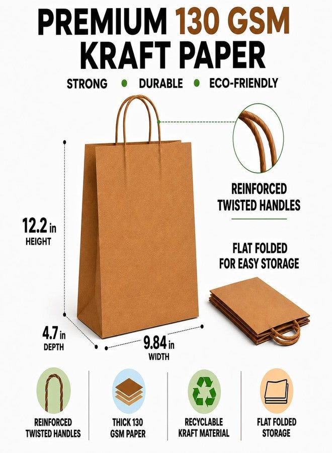 HURUC Large 130 GSM Brown Paper Bags with Handles 12.2x 9.84 x4.7 Inch, 50 PCS Kraft Gift Bags Bulk for Retail, Shopping, Birthday, Wedding, Easter, DIY & Merchandise - Image 2
