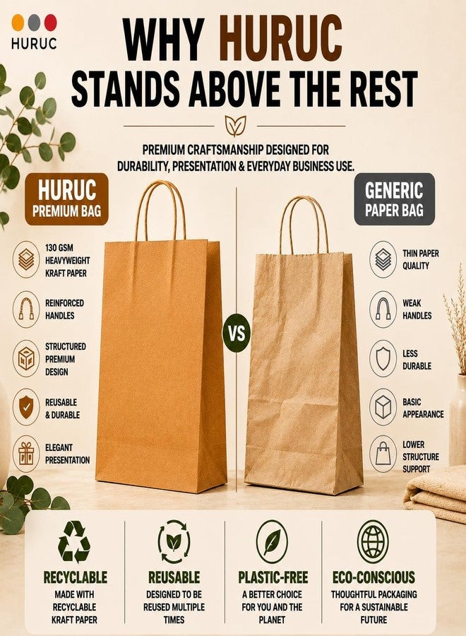 HURUC Large 130 GSM Brown Paper Bags with Handles 12.2x 9.84 x4.7 Inch, 50 PCS Kraft Gift Bags Bulk for Retail, Shopping, Birthday, Wedding, Easter, DIY & Merchandise - Image 5