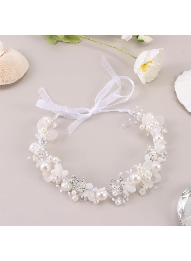 3PCS زفاف حزمة الرأس، الزهور ورقة الشعر الملحقات، العروس اللؤلؤة راينست سبيكة الرأس، الزهور البيضاء الفضة الفرقة الزهرية، للعروس النساء فتاة الأطفال عيد ميلاد الصورة الموضة القديمة - Image 2