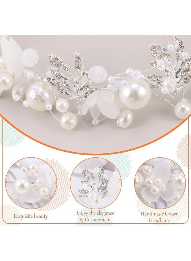 3PCS زفاف حزمة الرأس، الزهور ورقة الشعر الملحقات، العروس اللؤلؤة راينست سبيكة الرأس، الزهور البيضاء الفضة الفرقة الزهرية، للعروس النساء فتاة الأطفال عيد ميلاد الصورة الموضة القديمة - Image 3