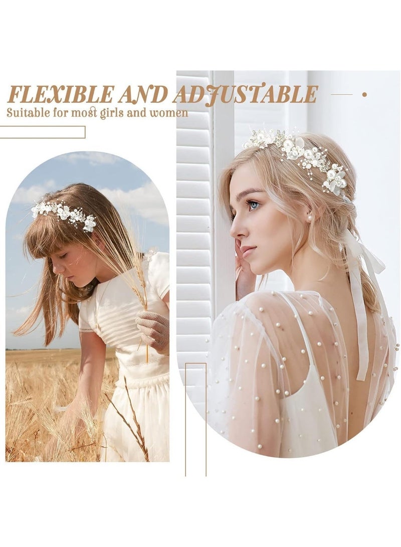 3PCS زفاف حزمة الرأس، الزهور ورقة الشعر الملحقات، العروس اللؤلؤة راينست سبيكة الرأس، الزهور البيضاء الفضة الفرقة الزهرية، للعروس النساء فتاة الأطفال عيد ميلاد الصورة الموضة القديمة - Image 4