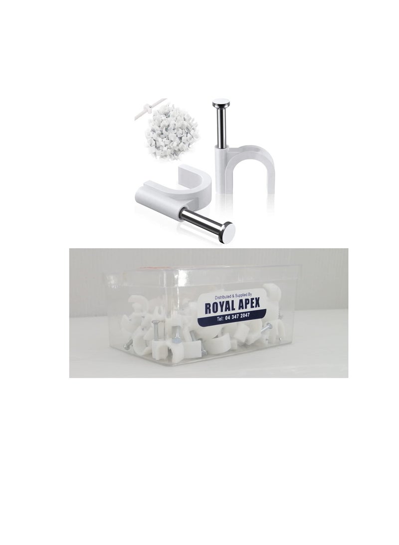 Electrical Cable Wire Round Clips, Steel Nails Tacks Holder for Organizing Electric Wires Cables Lines - White (7mm - 100Pcs) - Image 1