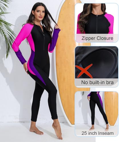 Halcurt Women Full Rash Guard Bathing Suit UPF 50 Long Sleeve Zipper One Piece Swimsuit Hot Pink L - Image 5