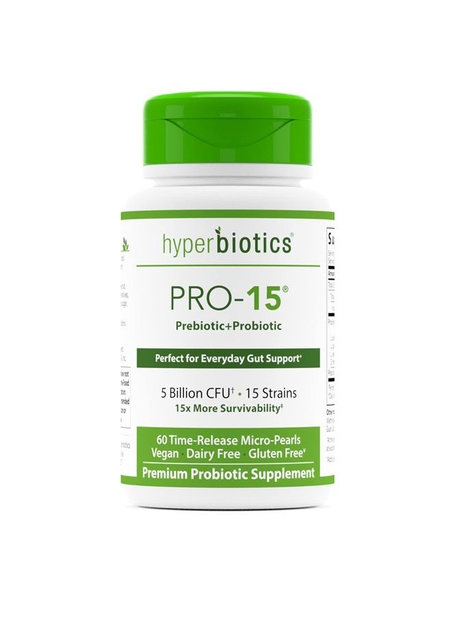 Hyperbiotics مكمل بروبيوتيك نباتي برو 15 | لآلئ إطلاق الوقت | 15 سلالة متنوعة | بروبيوتيك للنساء والرجال | صحة الجهاز الهضمي والمناعي | خالي من الغلوتين والألبان | 60 حبة - Image 1