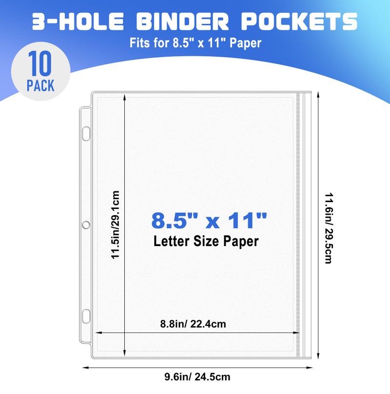 Antner 10 Pack Letter Size Binder Pockets 3 Ring Binder Zipper Pouch, 3-Hole Waterproof Resealable Zip Loose Leaf Insert Bags PVC Document Organizer Folders Page Sheet Protectors for 8.5x11 Paper - Image 2