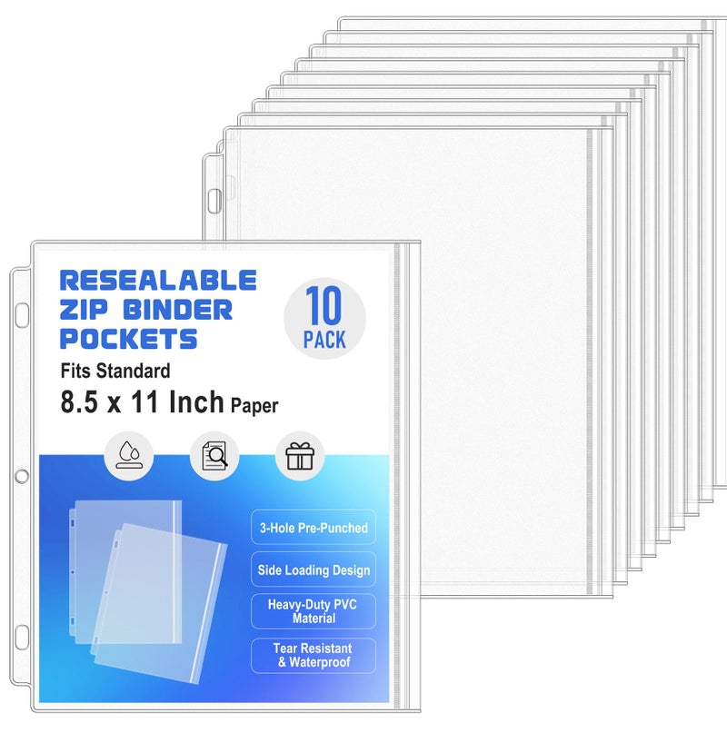 Antner 10 Pack Letter Size Binder Pockets 3 Ring Binder Zipper Pouch, 3-Hole Waterproof Resealable Zip Loose Leaf Insert Bags PVC Document Organizer Folders Page Sheet Protectors for 8.5x11 Paper - Image 1
