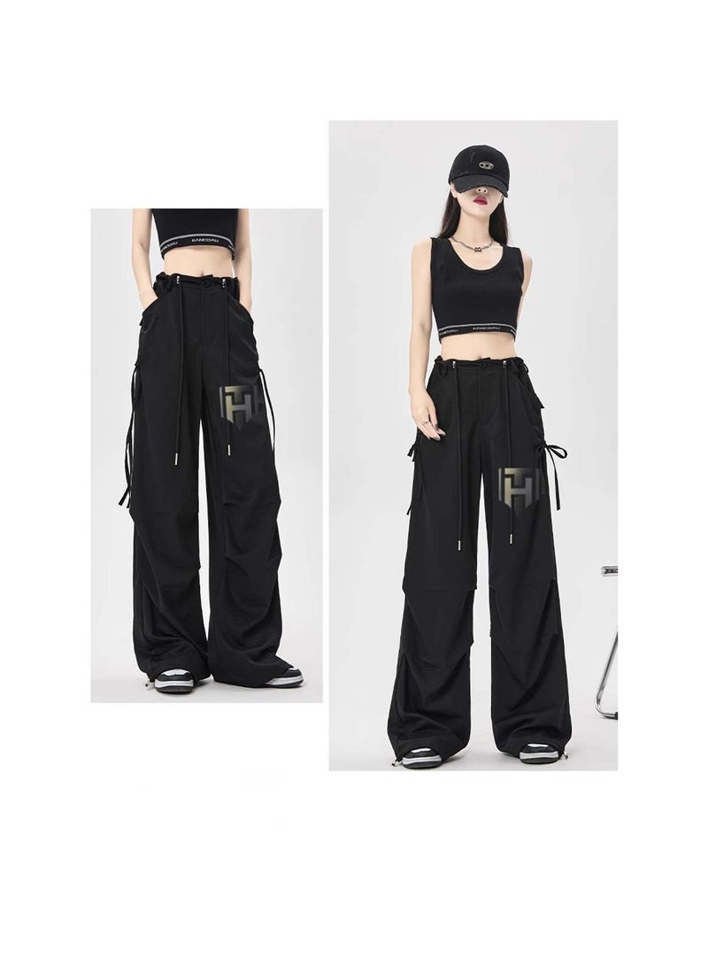 Huitich Women's Ice Silk Wide-Leg Pants High Waist, Loose Fit, Black Size L  - Image 5