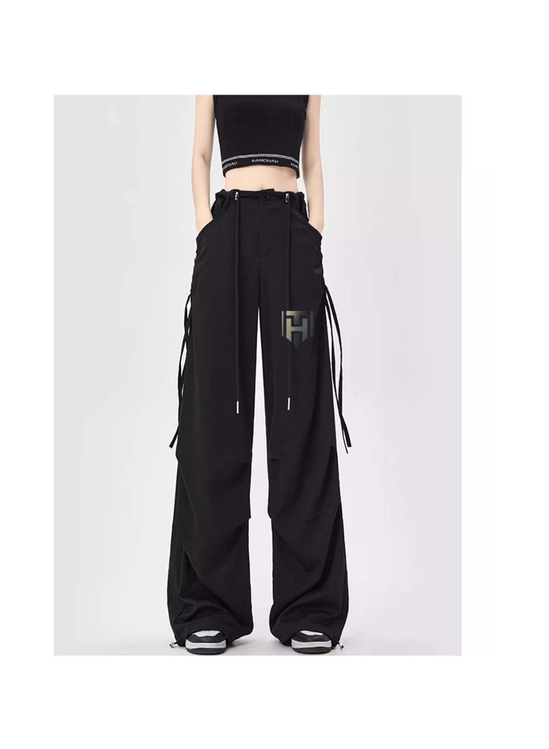 Huitich Women's Ice Silk Wide-Leg Pants High Waist, Loose Fit, Black Size L  - Image 4