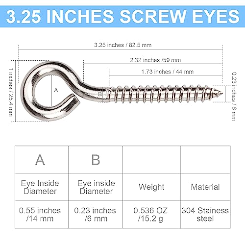 Aovchei Eye Screws, 8Pcs 3.25 inches 304 Heavy Duty Stainless Steel Screw Hooks, Rust-Resistant Self Tapping Eyelet Bolts for Wood, Securing Cables Wires, Indoor & Outdoor for Hanging Artwork - Image 2