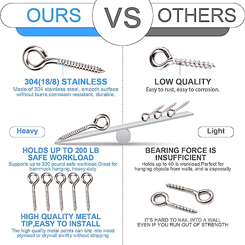 Aovchei Eye Screws, 8Pcs 3.25 inches 304 Heavy Duty Stainless Steel Screw Hooks, Rust-Resistant Self Tapping Eyelet Bolts for Wood, Securing Cables Wires, Indoor & Outdoor for Hanging Artwork - Image 4