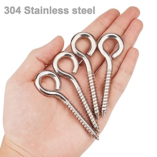 Aovchei Eye Screws, 8Pcs 3.25 inches 304 Heavy Duty Stainless Steel Screw Hooks, Rust-Resistant Self Tapping Eyelet Bolts for Wood, Securing Cables Wires, Indoor & Outdoor for Hanging Artwork - Image 3