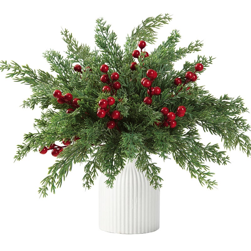 Sggvecsy 45 Pcs Artificial Pine Branches Fake Evergreen Norfolk Pine Picks Artificial Red Berry Stems Christmas Cypress Needles for DIY Christmas Garland Wreath Xmas Embellishing Decoration - Image 2