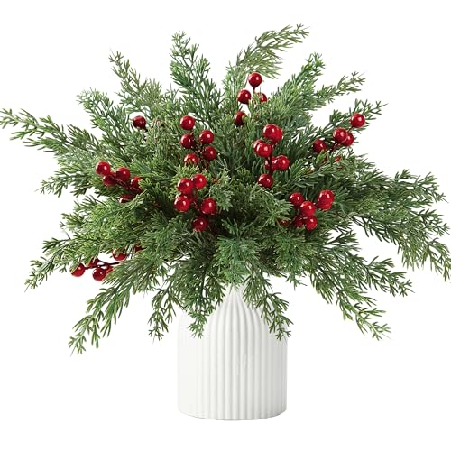 Sggvecsy 45 Pcs Artificial Pine Branches Fake Evergreen Norfolk Pine Picks Artificial Red Berry Stems Christmas Cypress Needles for DIY Christmas Garland Wreath Xmas Embellishing Decoration - Image 1