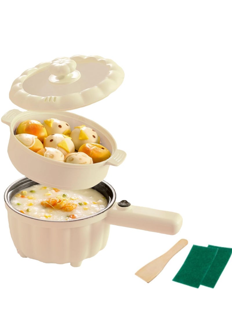 XiuWoo Electric Frying Pan with Steamer, 2L Non-Stick Electric Pan for Sauté, Pumpkin Shaped Electric Hot Pot, Multifunction Portable Travel Cooker, for Ramen Noodles/Pasta/Egg/Oatmeal, White,  with Steamer  - Image 1