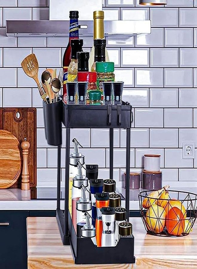 ABTER 2‑Tier Sliding Storage Rack – Under‑Sink,4 Hooks MultiPurpose Bath Collection Basket with Cup Holder,Adjustable Storage For Bathroom Kitchen Shelves,Drawer,Countertop Pull‑Out Organizer. - Image 5