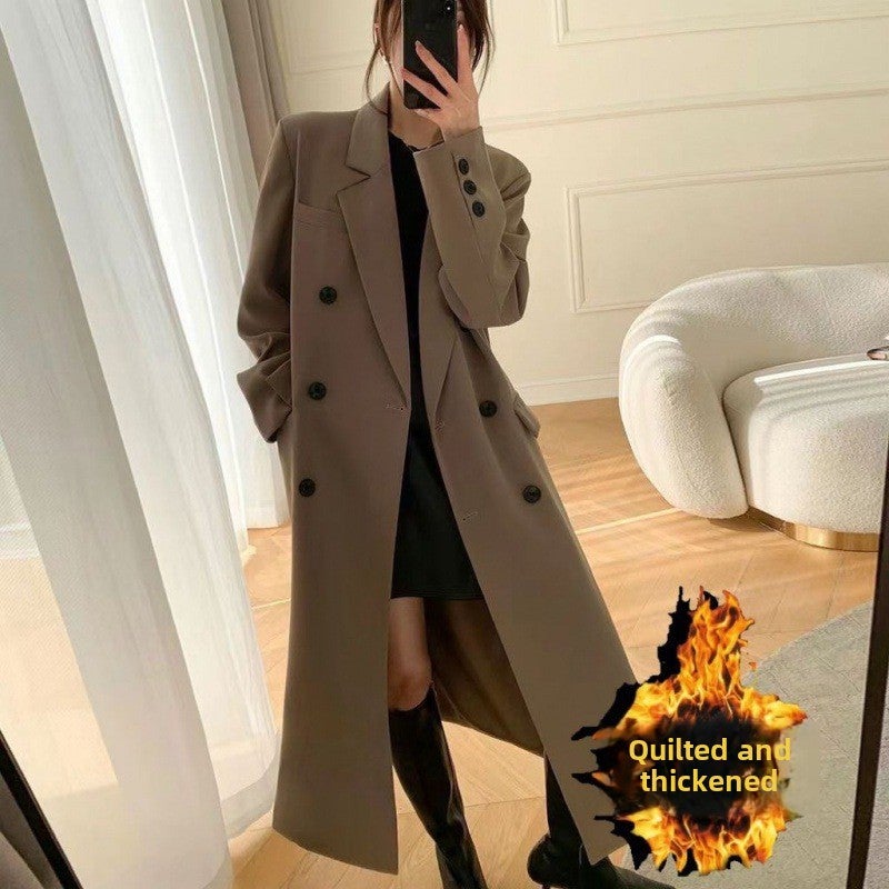 Mellado Coffee Long Blazer Women Slim Fit Double-Breasted Brown color [cotton padded]]