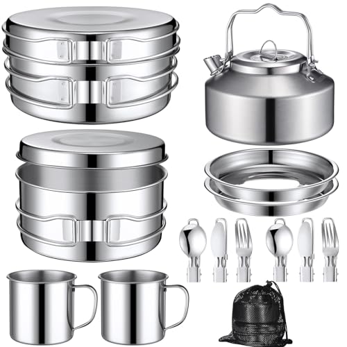 Funnymoom 15 Pcs Camping Cookware Mess Kit Outdoor Cooking Set Stainless Steel with Pot and Pan Kit 2 Set Stainless Steel Cups Plates Forks Knives Spoons for Camping Backpacking Cooking Picnic - Image 1