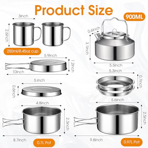 Funnymoom 15 Pcs Camping Cookware Mess Kit Outdoor Cooking Set Stainless Steel with Pot and Pan Kit 2 Set Stainless Steel Cups Plates Forks Knives Spoons for Camping Backpacking Cooking Picnic - Image 3
