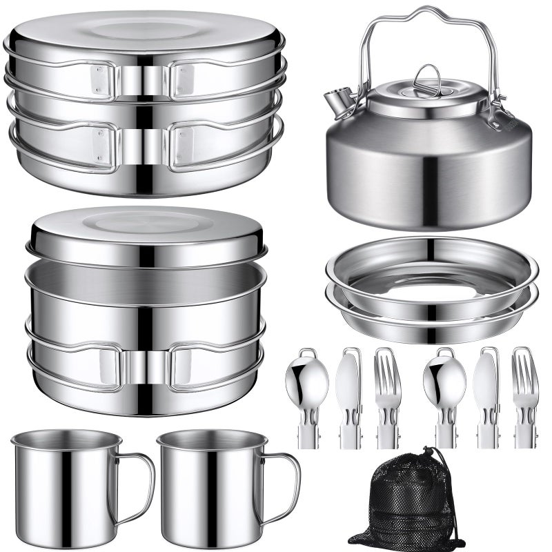 Funnymoom 15 Pcs Camping Cookware Mess Kit Outdoor Cooking Set Stainless Steel with Pot and Pan Kit 2 Set Stainless Steel Cups Plates Forks Knives Spoons for Camping Backpacking Cooking Picnic - Image 2