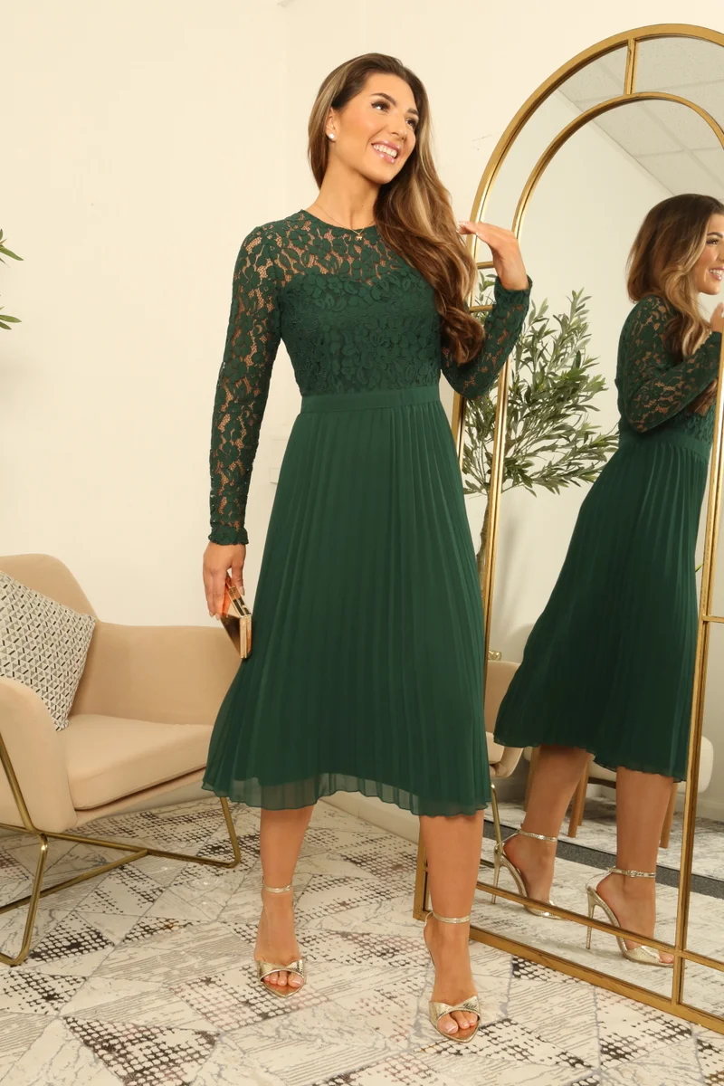 Double Second Long Sleeve Lace Pleated Dress