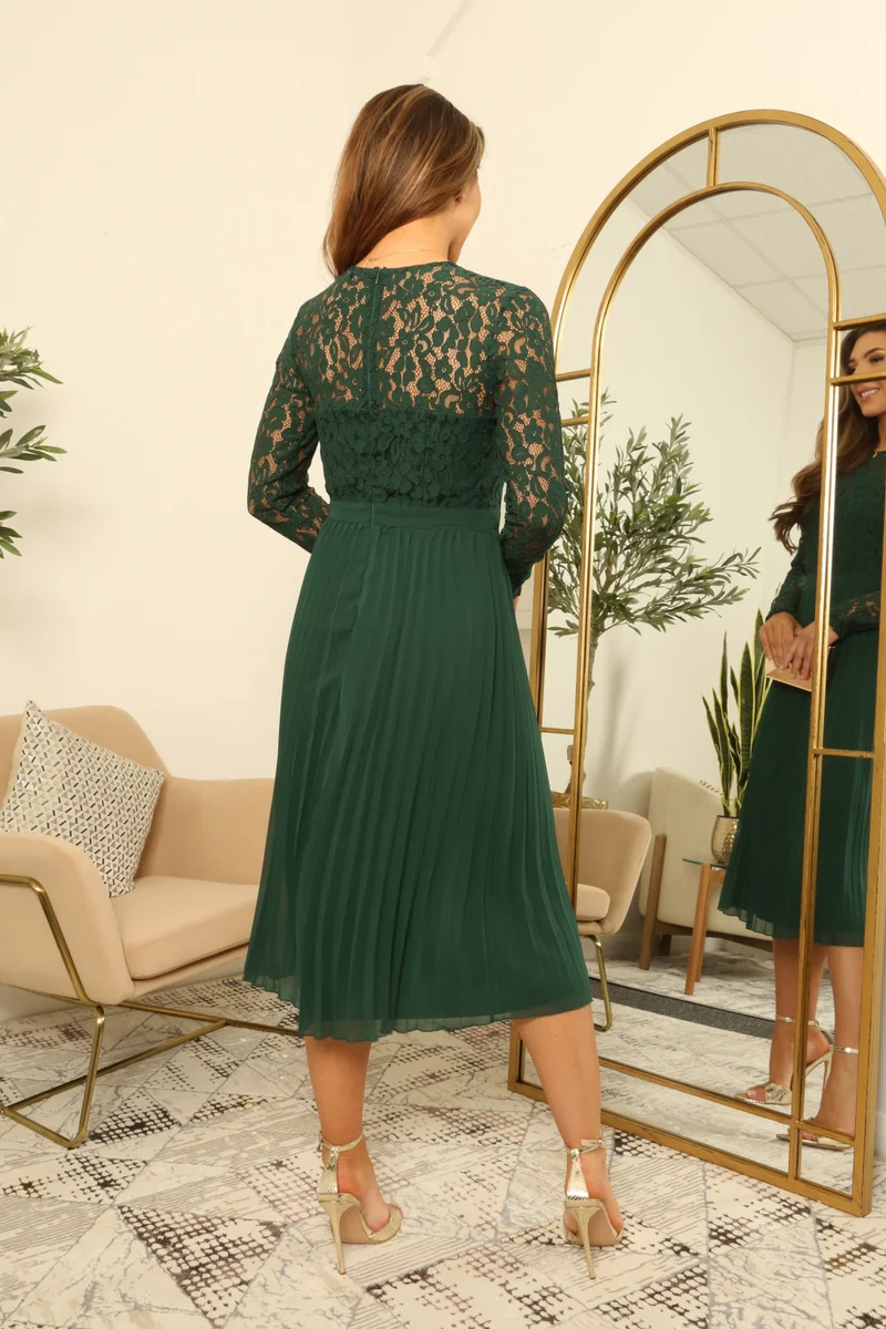 Double Second dark green Long Sleeve Lace Pleated Dress for Women | Best Price UAE