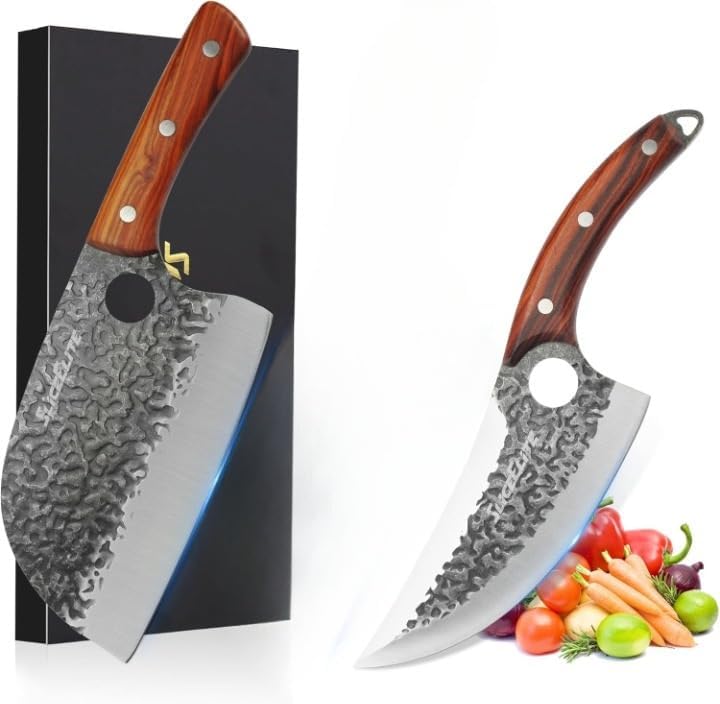 Heritage Forge Series 2PCS Hand-Forged Serbian Chef & Viking Duo Kitchen Tool Meat Cleaver Chopping Knife Outdoor Cooking BBQ Butcher Set Forged Cooking Knives Great Knife for Men and Women