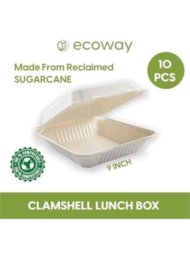 ايكواي ecoway 100% Compostable Clamshell Take Out Food Containers [6x9" 10-Pack] Heavy-Duty Quality to go Containers, Natural Disposable Bagasse, Eco-Friendly Biodegradable Made of Sugar Cane Fibers - Image 3