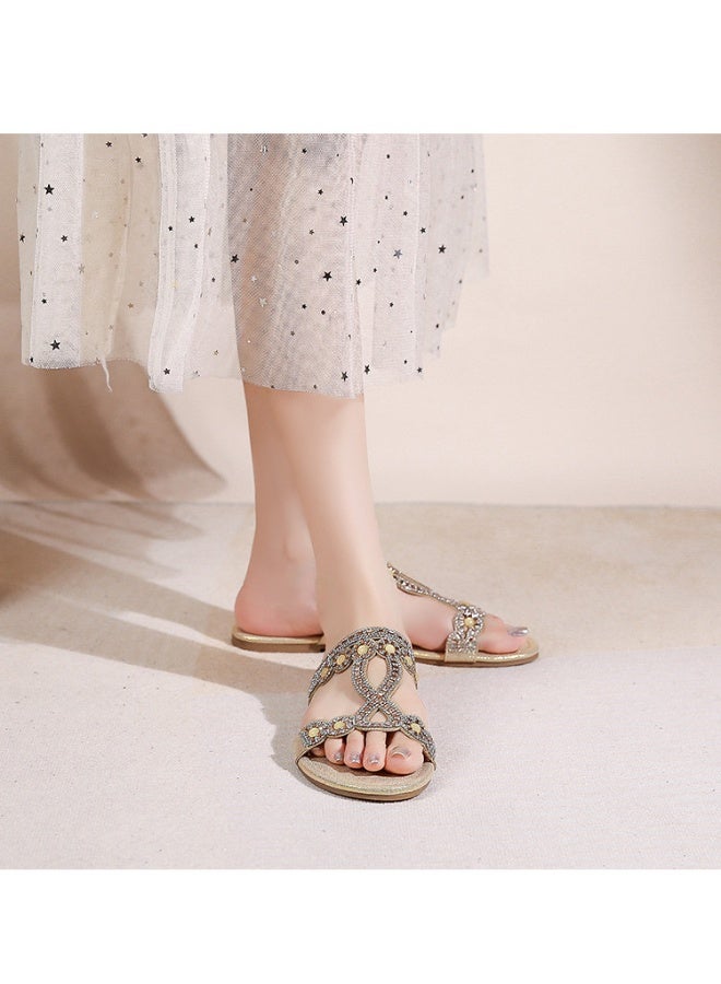 NIBEMINENT Women Rhinestone Design Bohemia String Bead Soft Flats Shoes Comfortable Summer Beach Shoes Designer Sandal  - Image 3