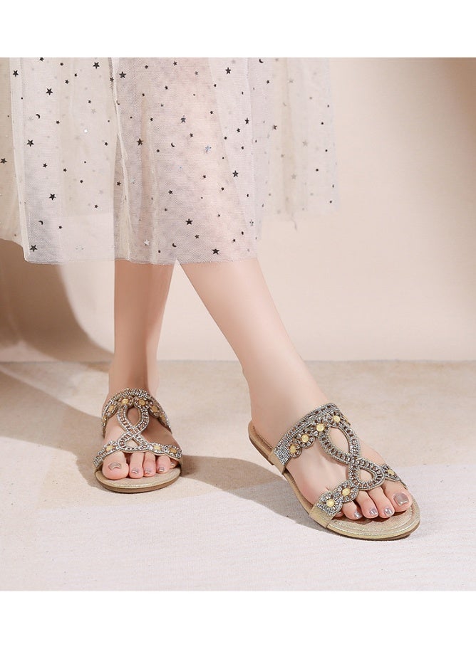 NIBEMINENT Women Rhinestone Design Bohemia String Bead Soft Flats Shoes Comfortable Summer Beach Shoes Designer Sandal  - Image 2