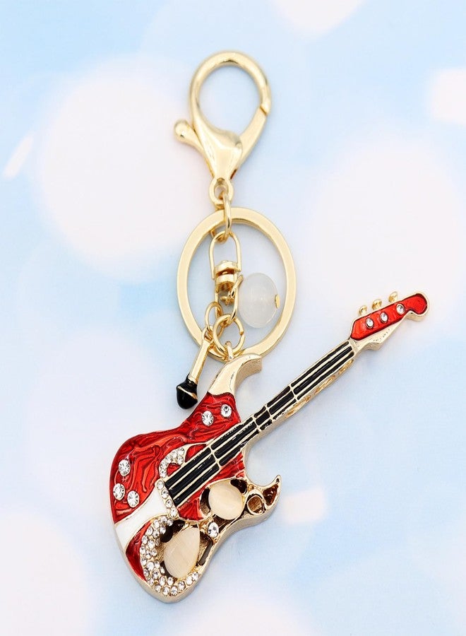 Elechobby Bass Guitar Keychain with Microphone Charm, Red and Gold Musical Instrument Key Ring - Image 2