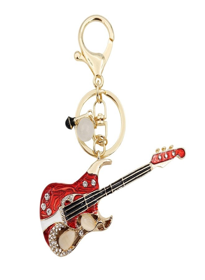 Elechobby Bass Guitar Keychain with Microphone Charm, Red and Gold Musical Instrument Key Ring - Image 1