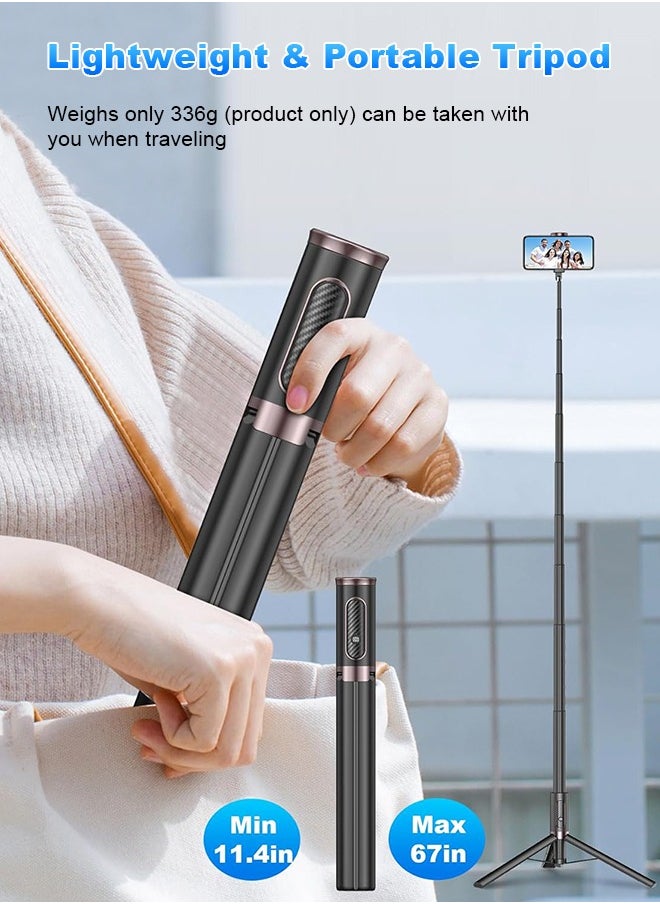 TONEOF 67" Cell Phone Selfie Stick Tripod,Smartphone Stand All-in-1 with Integrated Wireless Remote,Portable,Lightweight,Extendable for iPhone/Android(Black)