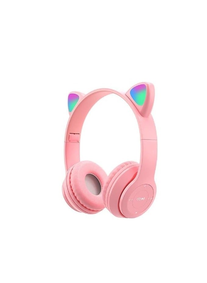 P-47 Foldable Wireless Kids Headphones with LED Light, Microphone, Bluetooth, TF Card Slot, Pink - Image 1