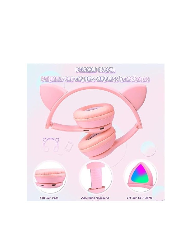 P-47 Foldable Wireless Kids Headphones with LED Light, Microphone, Bluetooth, TF Card Slot, Pink - Image 2