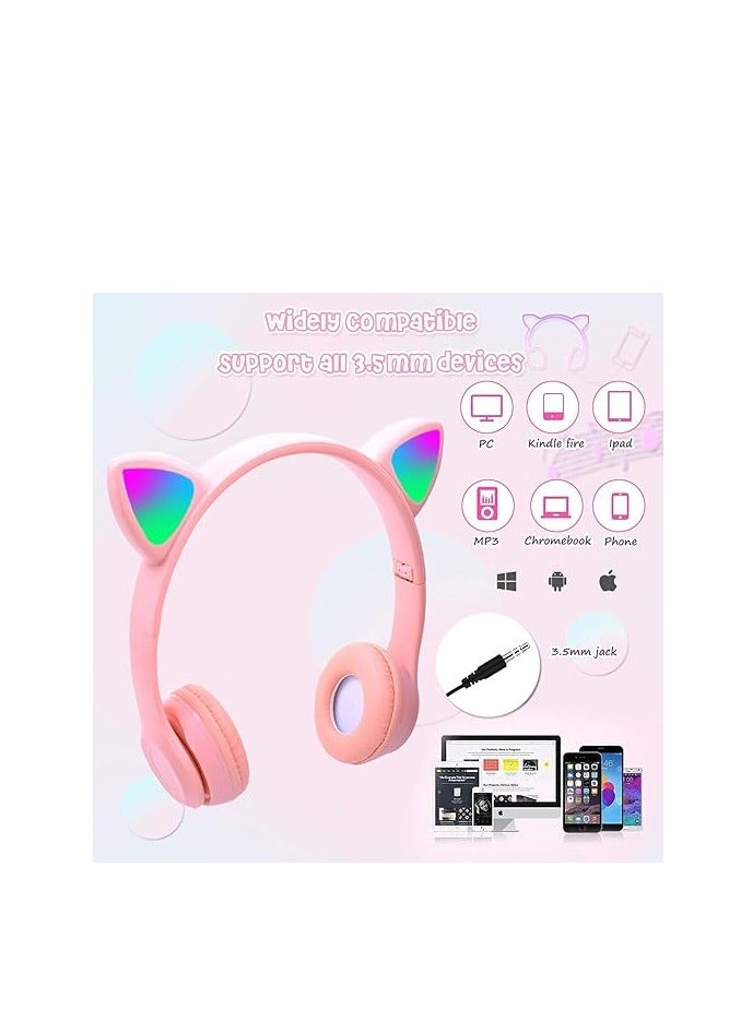P-47 Foldable Wireless Kids Headphones with LED Light, Microphone, Bluetooth, TF Card Slot, Pink - Image 3