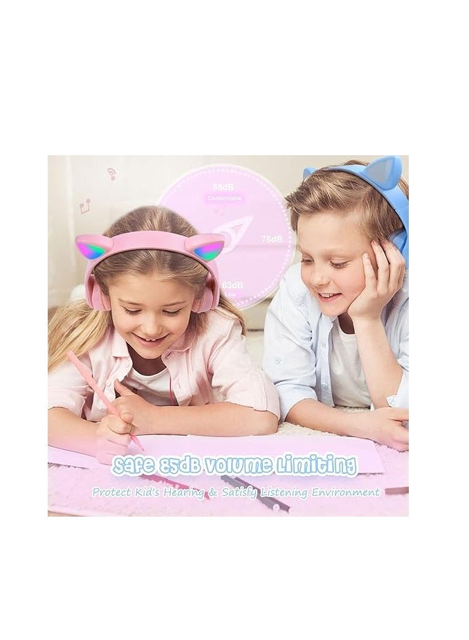 P-47 Foldable Wireless Kids Headphones with LED Light, Microphone, Bluetooth, TF Card Slot, Pink - Image 5