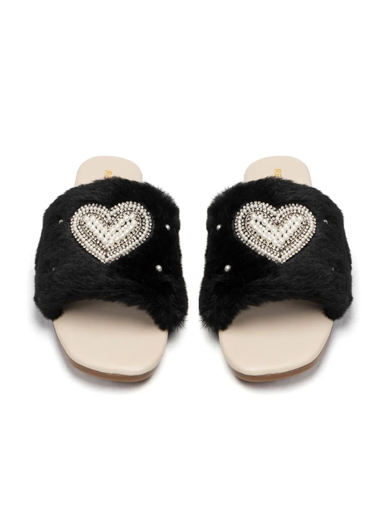 RETTROSE Lilah Black & Beige Luxury Faux Fur Comfortable Diamanté Embellished Women’s Handmade Sliders