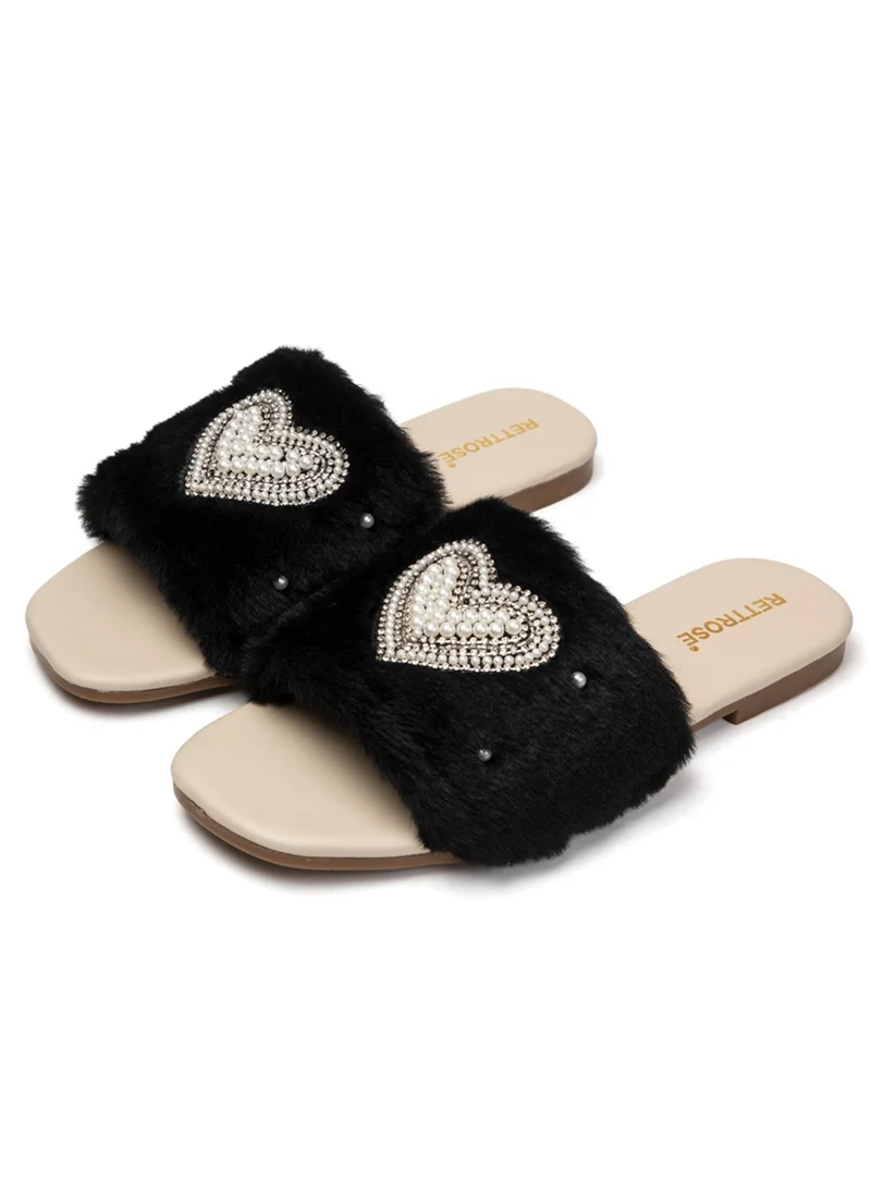 RETTROSE Lilah Black & Beige Luxury Faux Fur Comfortable Diamanté Embellished Women’s Handmade Sliders