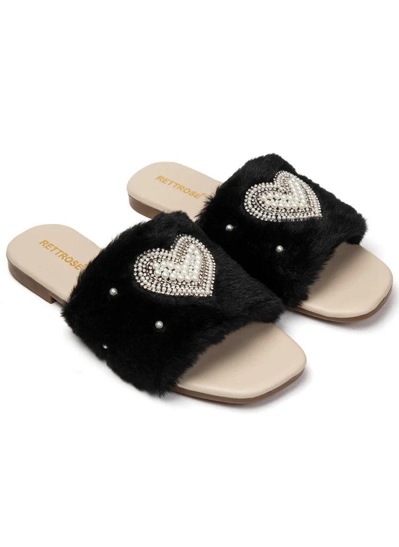RETTROSE Lilah Black & Beige Luxury Faux Fur Comfortable Diamanté Embellished Women’s Handmade Sliders