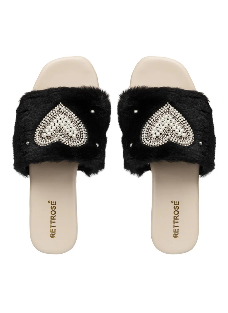 RETTROSE Lilah Black & Beige Luxury Faux Fur Comfortable Diamanté Embellished Women’s Handmade Sliders