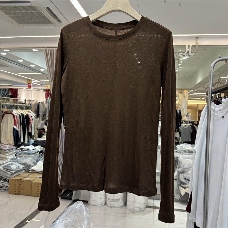 Genuine European T2024 Autumn New Round Collar Brick Joker Long Sleeve Tengsi Cotton Base Shirt T-Shirt Women'S Water Special T - Image 1
