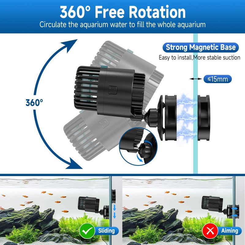 AQQA Aquarium Wave Maker with Magnetic Base 1200GPH Fish Tank Wavemaker Submersible Circulation Pump Powerhead 360Â°Rotatable Quiet Operation for Freshwater 20-75 Gallon Tank (5W) - Image 2